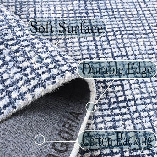 Image of Hand-Tufted 100% Wool Pile Area Rug - Geometric Textured Grid Check Pattern - Thick and Durable Floor Carpet for Bedroom, Living Room, Kids Room, and Dining Area (Navy Blue, 5' x 5')