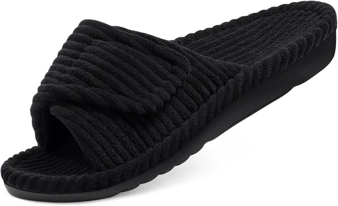 Orthopädische Damen Hausschuhe mit Memory Foam fussbett, Arch Support Verstellbarer Klettverschluss pantoffeln, Cord offene Zehen slipper Indoor Outdoor