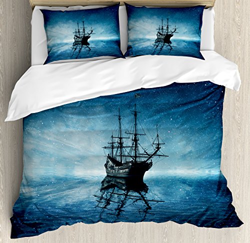 Ambesonne Pirate Ship Duvet Cover Set, Vessel on Dark Night Sea Starry Night Sky Water Reflection, Decorative 3 Piece Bedding Set with 2 Pillow Shams, King Size, Pale Blue Dark Blue