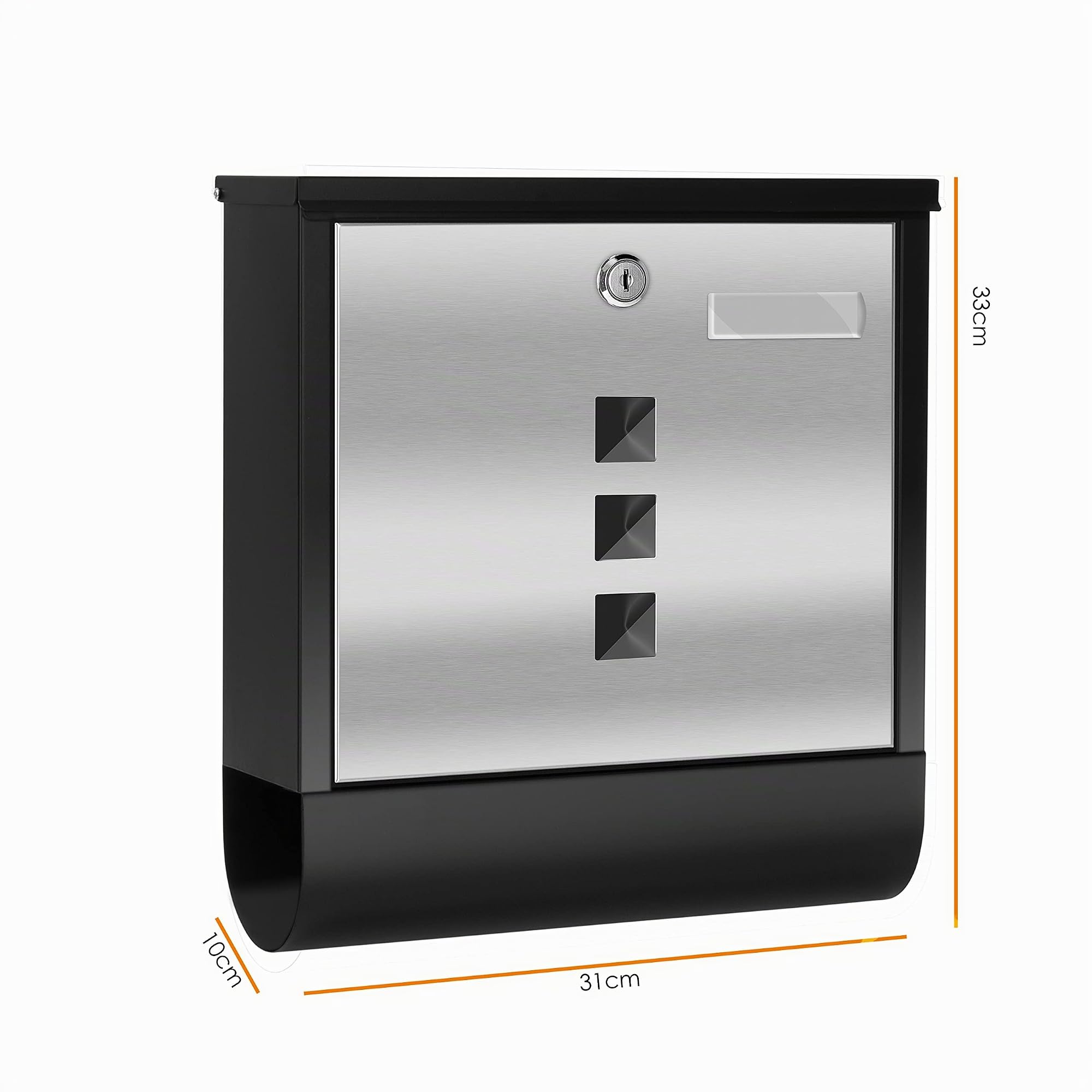 KESSER® Buzón de Acero Inoxidable con Placa de Nombre para el Compartimento del periódico, Ventana de visualización, Cepillado, con Cierre de 3 Llaves, con Recubrimiento, Negro/Plata