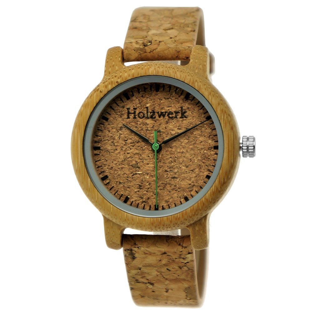 Holzwerk Germany Orologio da donna, realizzato a mano, ecologico, naturale, vegano, in legno, analogico, classico, al quarzo, con cinturino in sughero e quadrante in legno, Br.1, cinghia