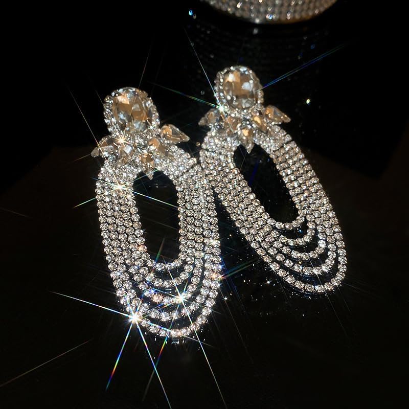 Missgrace Women Silver Hypoallergenic Rhinestone Earrings Dangling Sparkly Dangle Red Earrings Chandelier Earrings Tassel Large Studs Crystal Statement Earrings for Women - Image 4