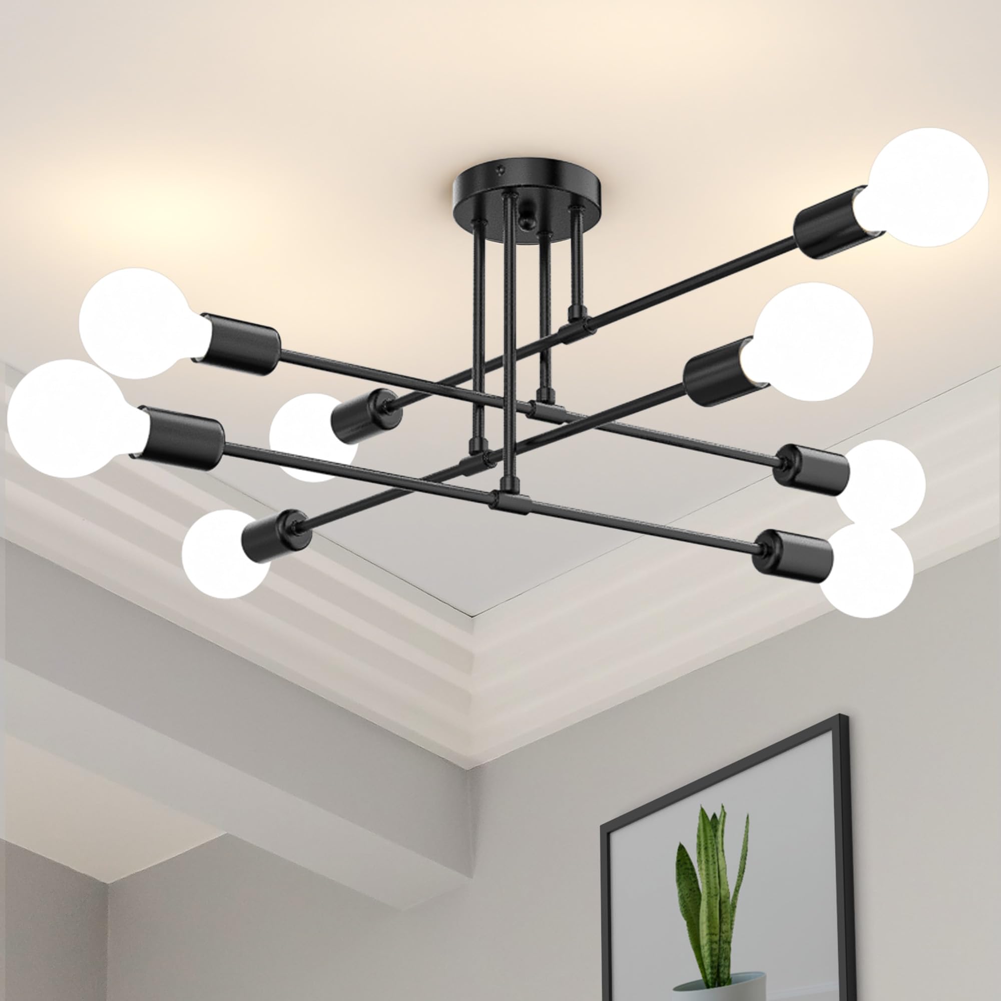 Modern Sputnik Chandelier Ceiling Light Fixtures 8-Lights Mid Century Industrial Metal Semi Flush Mount for Dining Room Bedroom