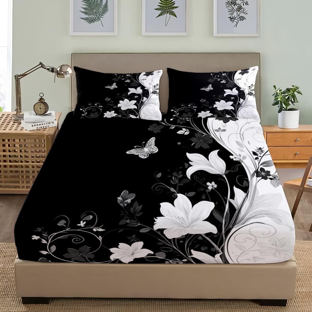 Noir Drap-Housse en Microfibre Brossée 200x200 cm Bonnet 30cm