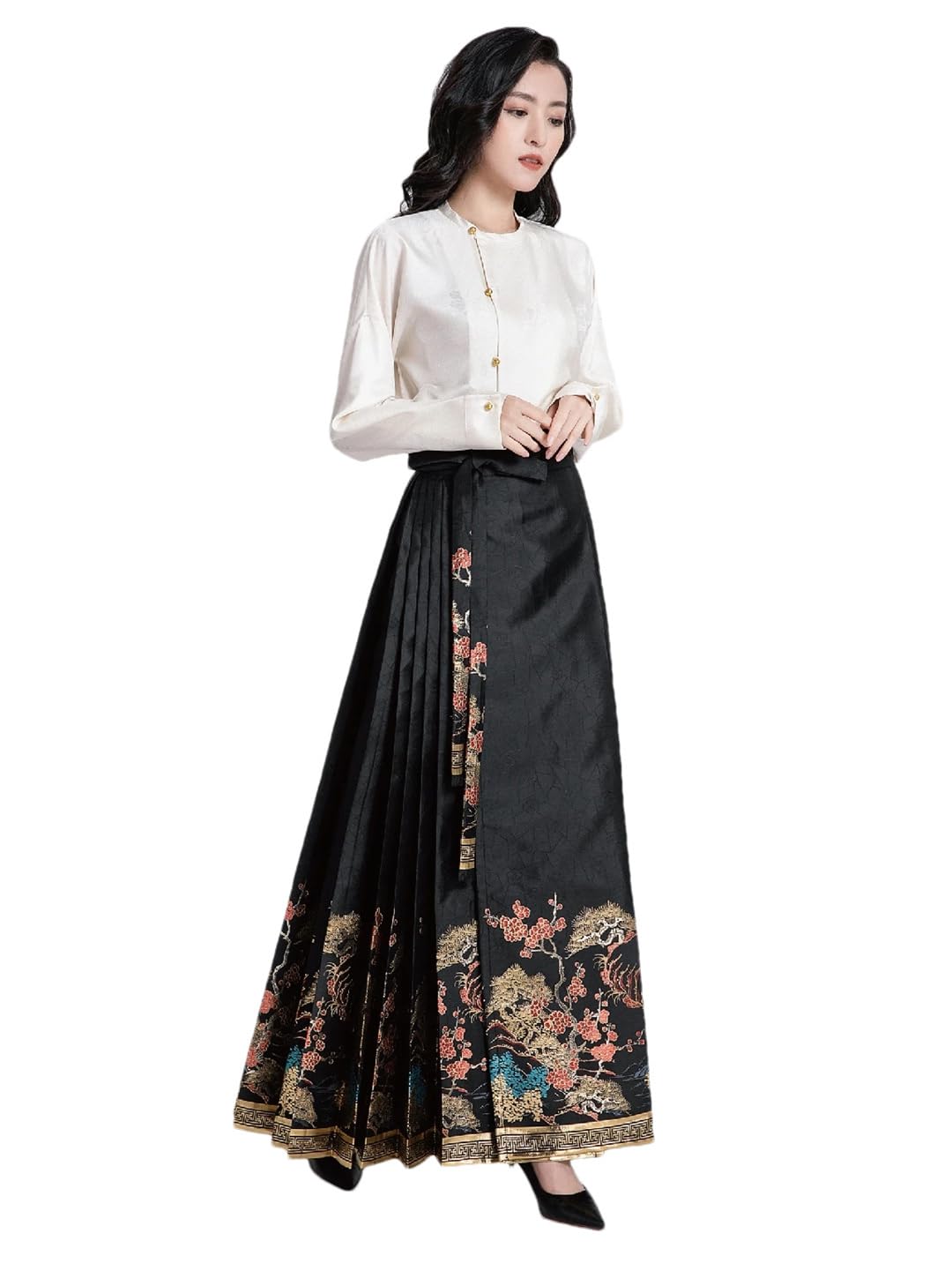 Chinese Style Horse Face Skirt Ming Style Hanfu/Hanfu Blue Weave Gold Makeup Daily Wear Tapestry Satin