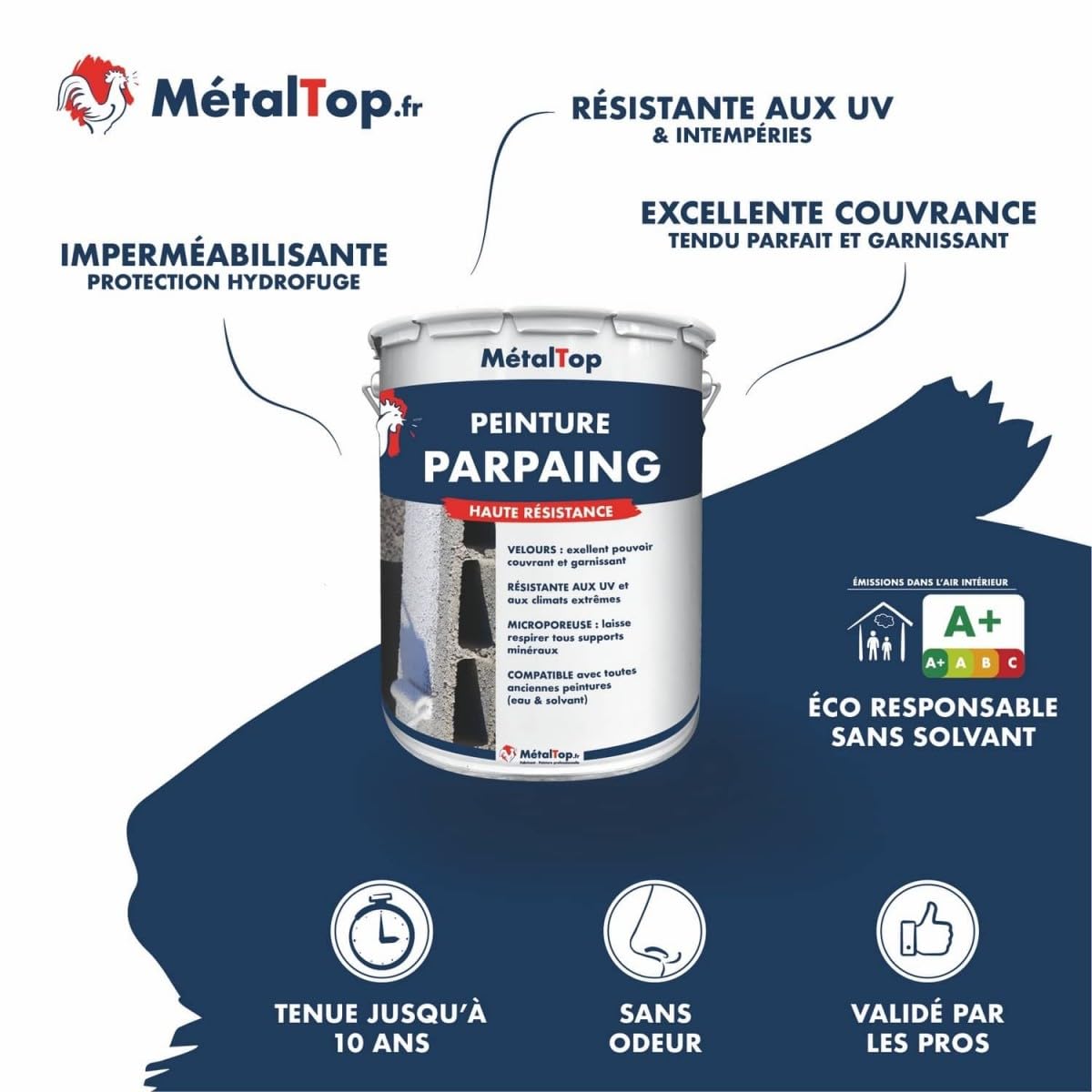 Metaltop Peinture Parpaing Ivoire Ton pierre RAL 1015-5 L Intérieur extérieur haute adhérence finition lavable