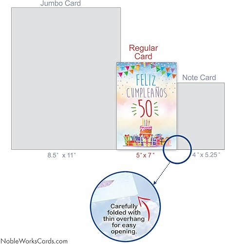 Miniatura 7 de NobleWorks - 1 Tarjeta de Cumpleaños Española con Sobre - Tarjeta de Celebración Latina Hispana para Cumpleaños - Feliz Cumpleaños 50 C8835MBG-SL