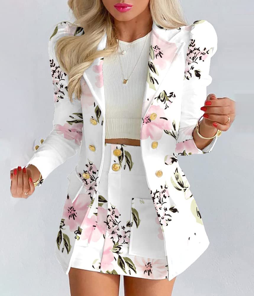 shownicer Damen Business 2-teiliger Anzug Rock Anzug Zweiteiler Elegant Einfarbig Anzug Set Puffärmel Blazer Anzugjacke und A-Linie Rock