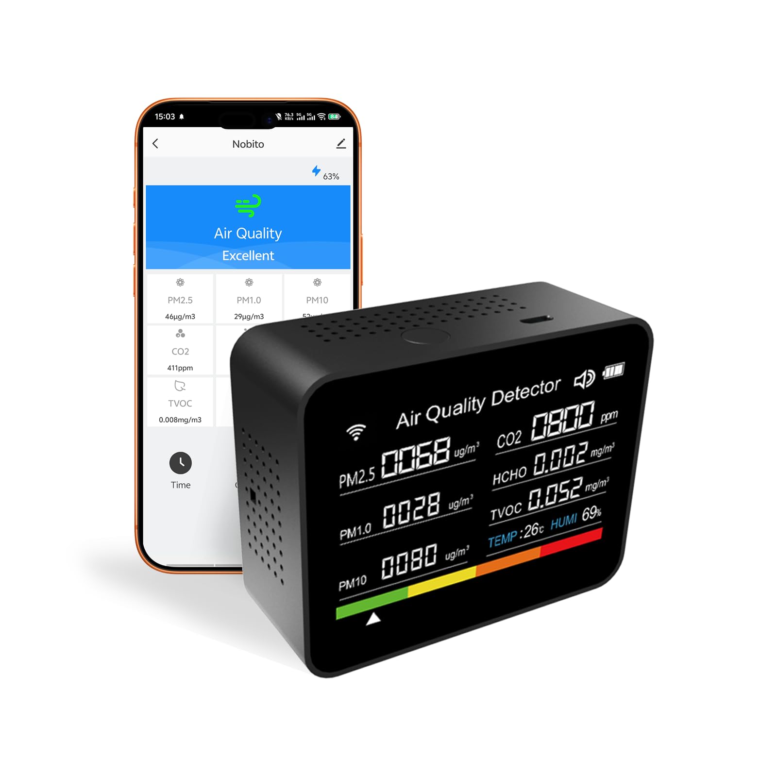 View 1 of 13-in-1 Smart Air Quality Monitor with LED Display, Wi-Fi Connected Air Quality Tester, Carbon Dioxide HCHO TVOC PM2.5 Monitor with Smart Alarm & Timer for Home
