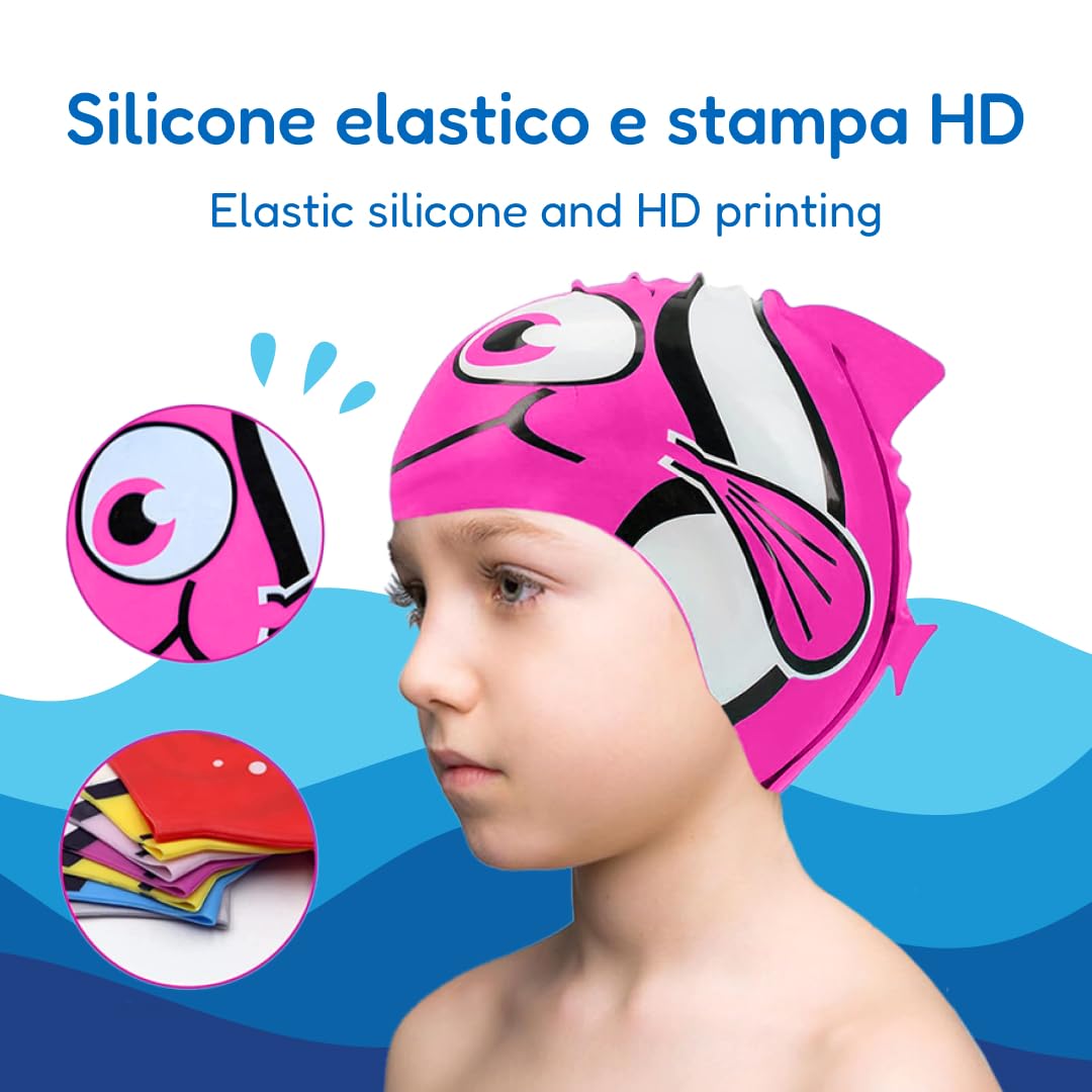kina - Cuffia da Nuoto Bambini per Piscina, in Silicone, Ipoallergenica, Elastica e Soffice al tatto per Capelli corti e lunghi