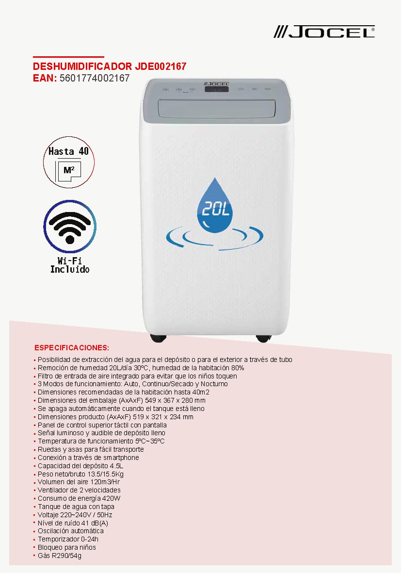 Deshumificador Jocel JDE002167, Remoción de humedad 20L/día 30ºC, humedad de la habitación 80%