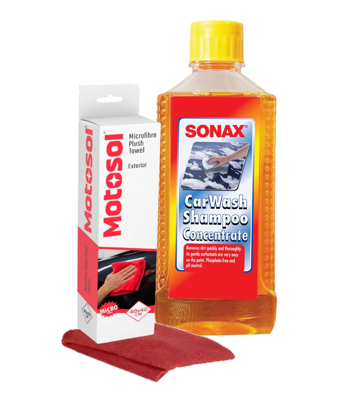SONAX Car Wash Shampoo Concentrate 250ml + Microfiber Cloth Exterior Care | Cleaning Combo | High-Foam, Paint-Safe Formula | Wash, Gloss, Deep Shine | Microfibre cloth for drying car | Cleaning kit