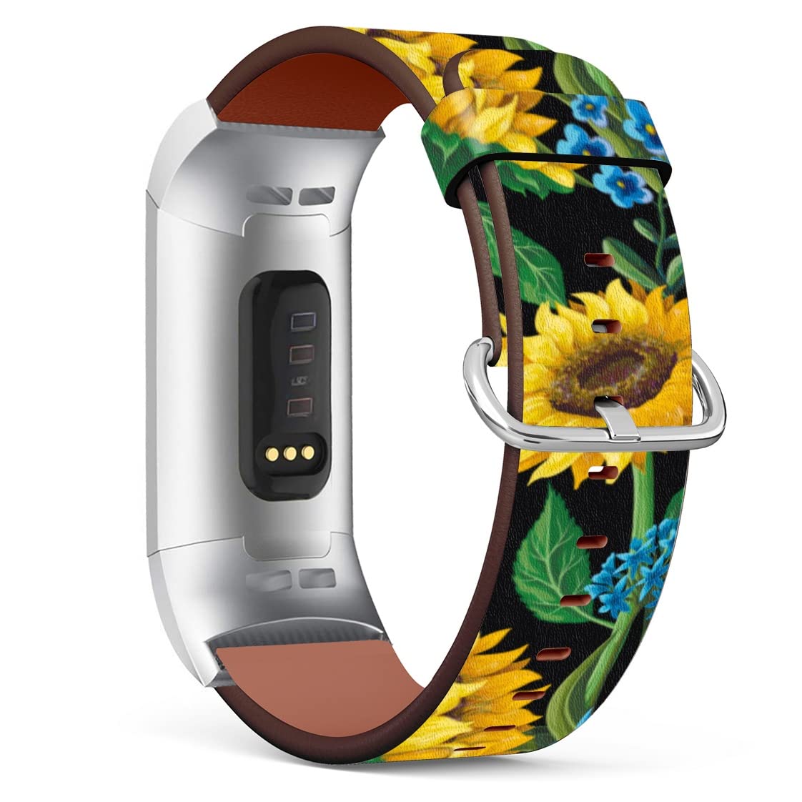 Mingdao Compatible with Fitbit Charge 4 / Charge 3 / Charge 3 SE Patterned Leather Replacement Band, (Sunflower Floral Pattern-Wb01)