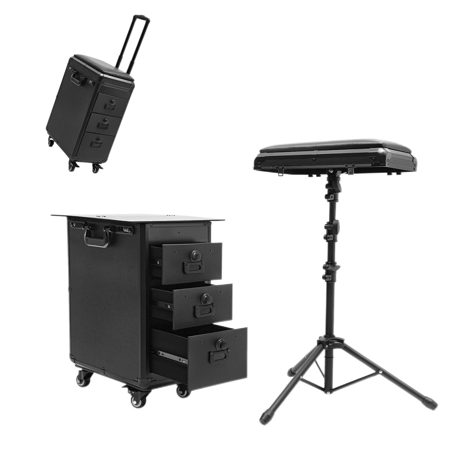 Kosmetikkoffer Trolley Tattoo Koffer mit Armlehnenständer, Tisch aus Acryl, Mobile Makeup Station mit 3 Schubladen & Höhenverstellbarem Ständer, Zahlenschloss & Rollen, Schwarz