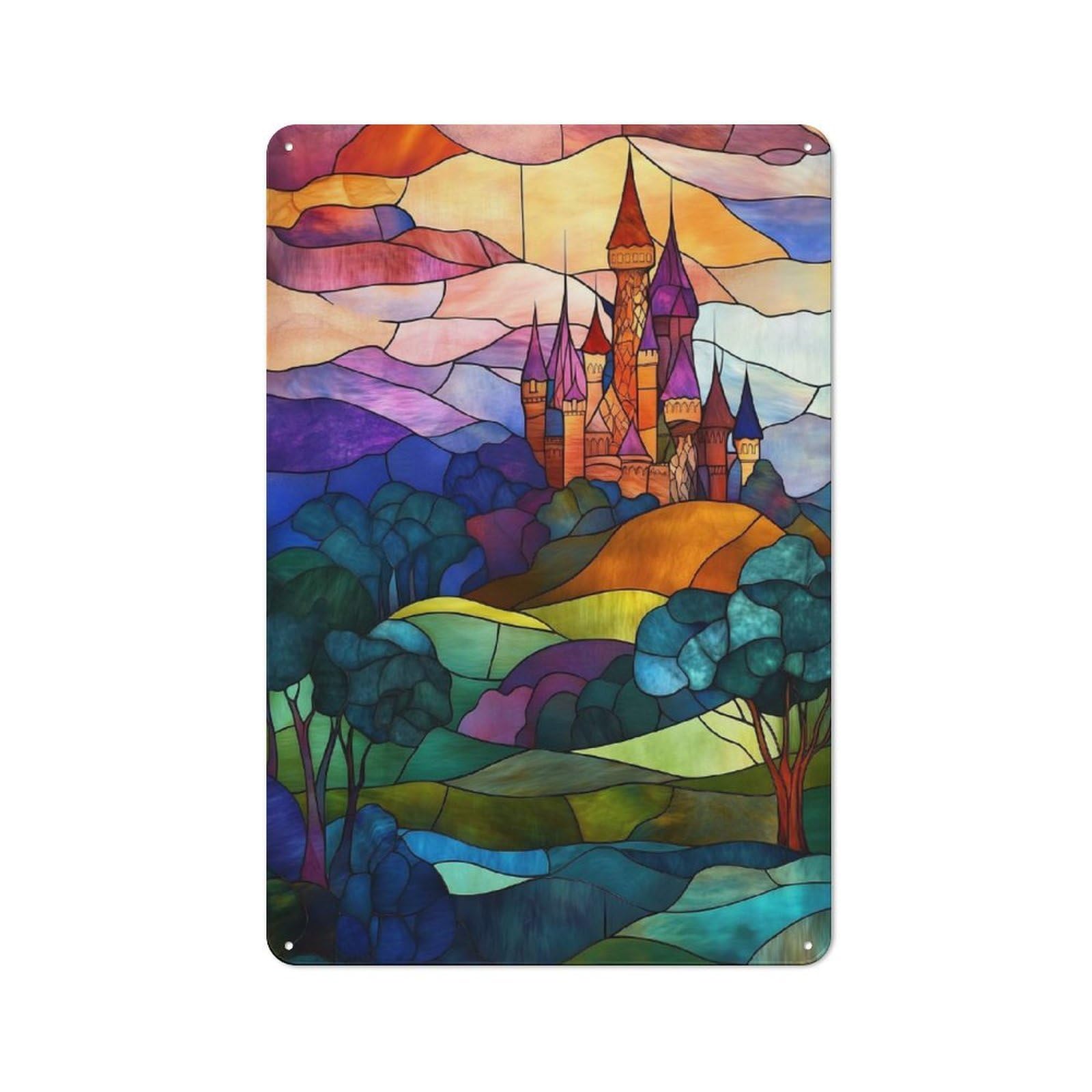Classic Stained Glass Castle Metal Wall Plaque 30x20cm, Nostalgic Wall Art for Living Room, Hallway, Kitchen Or Cafe