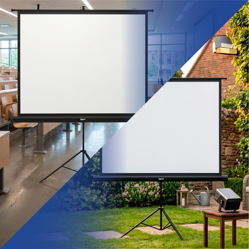 iggual Écran de Projection 100" - Portable Manuel Enroulable avec Trépied - Format 1:1 - Vision 180º - Compatible 4K et Tout Projecteur - Hauteur Réglable + Sac Transport et Trépied (180x180 cm)
