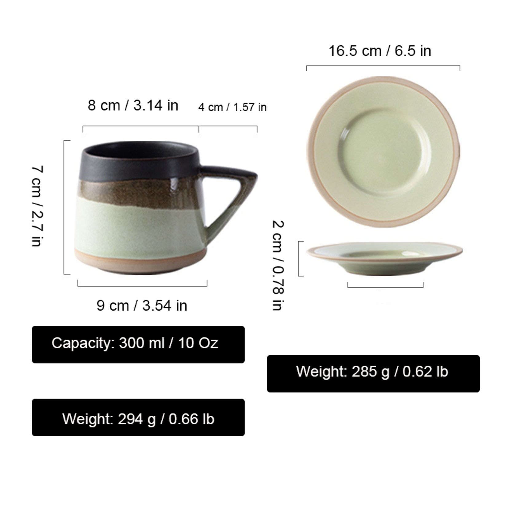 Keramik-Kaffeetasse mit Untertasse und Griff, 274 ml, Porzellantasse for Suppe, Haferflocken, Frühstück, Milch, Kaffee, Tee, 1 Set(Green)
