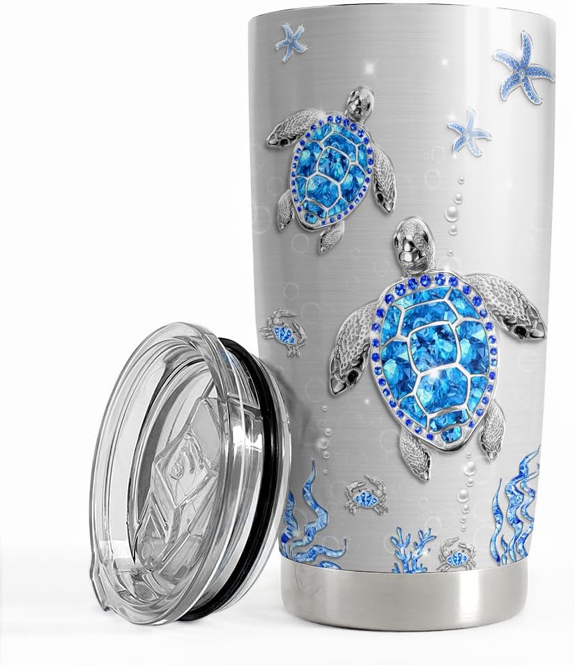 SANDJEST Turtles Gifts for Women Girls Sea Turtle Tumbler 20oz Jewelry Drawings Stainless Steel Insulated Tumblers Coffee Travel Mug Cup Gift for Birthday Christmas