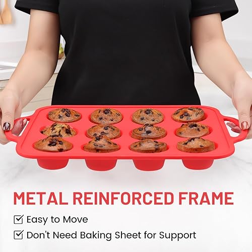Miniatura 2 de CAKETIME Molde para magdalenas, marco reforzado de metal, mini moldes de silicona para hornear con mango antiadherente