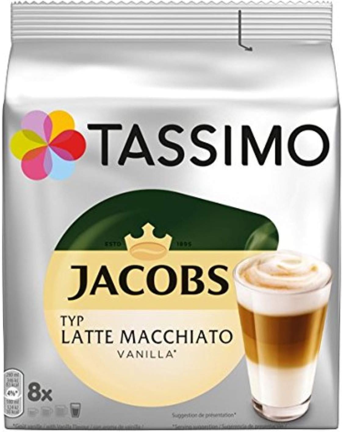 Jacobs Latte Macchiato Vanilla, Coffee, Roasted, 8 T-Discs / 8 Servings