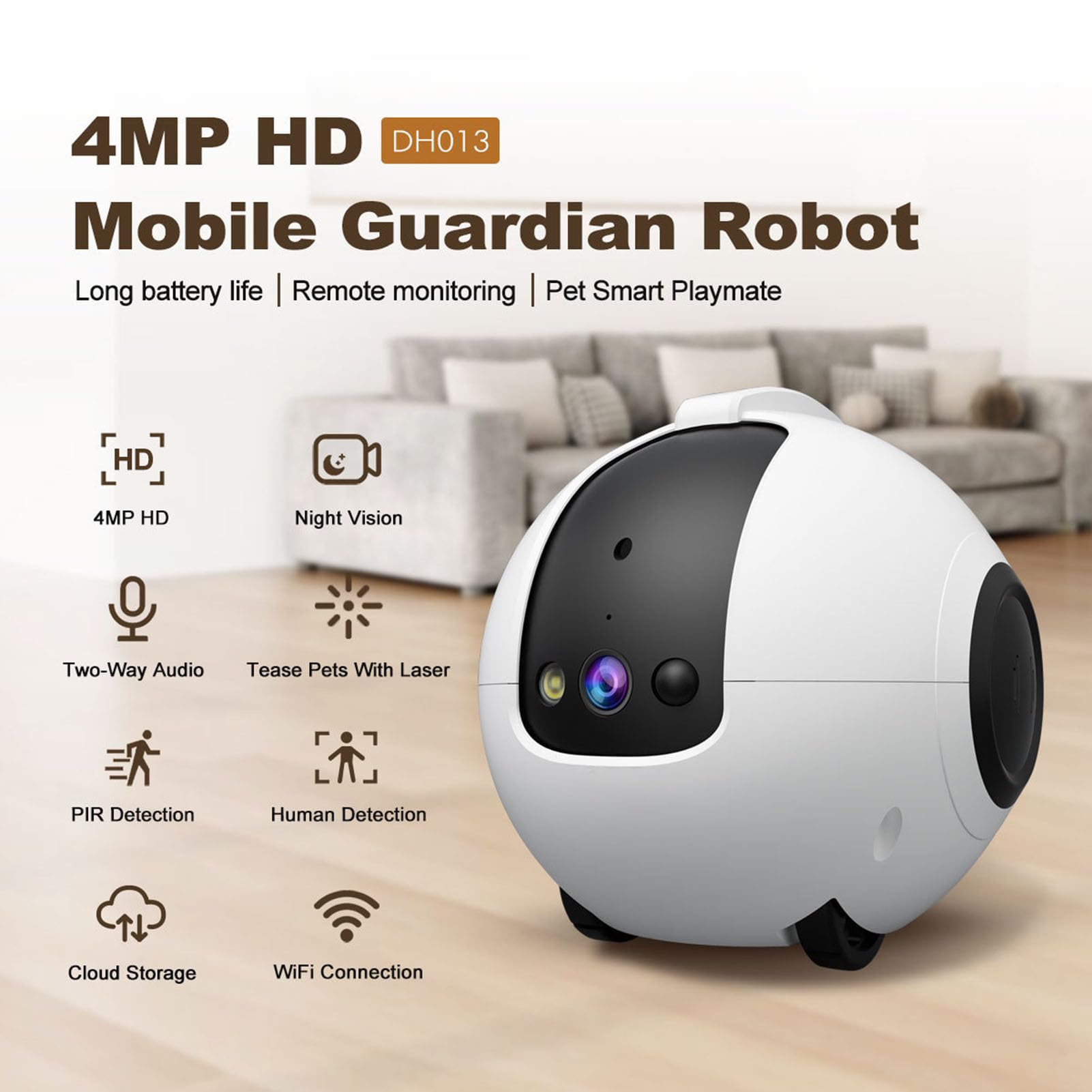 Tonysa Robot con Cámara para el Hogar, Cámara Móvil de 4 MP y 2.5K para Mascotas con Llamada con un, Audio Bidireccional y Grabación de Video, para Vigilancia de Seguridad en
