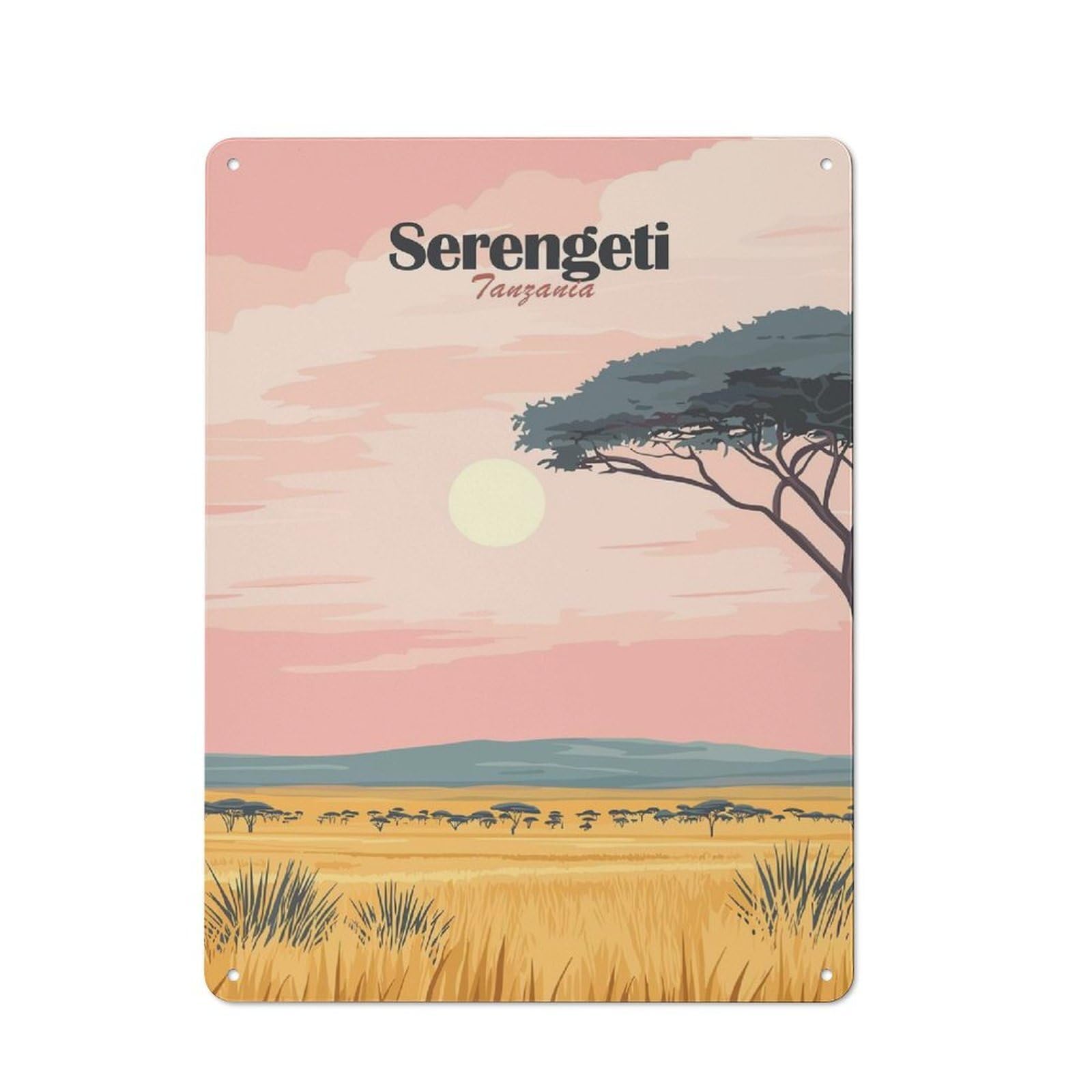 Junmoney Style-12 Serengeti Tanzania Landscape Illustration Distressed Look Metal Wall Decor 40X30cm, Vintage Tin Sign For Living Room, Hallway, Kitchen Or Cafe