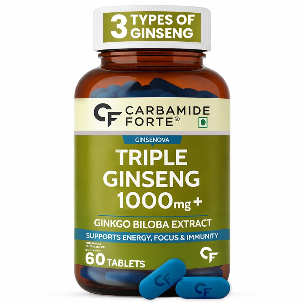 Carbamide Forte Triple Ginseng 1000mg Supplement | Korean, American & Siberian Ginseng Root Blend with Ginkgo Biloba Extract | Energy, Focus & Stamina Support | 60 Tablets-image-42