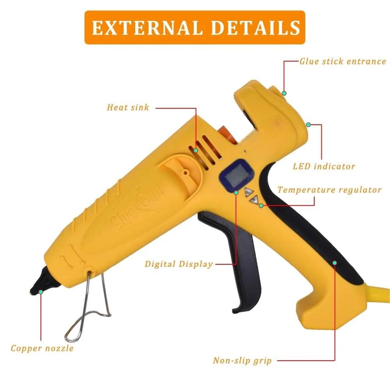 Pistola Silicona Caliente, Pistola de pegamento industrial de alta potencia de 300/400/500 W con pantalla digital de temperatura ajustable. Barras de pegamento de 11 mm. para Reparaciones(500W)