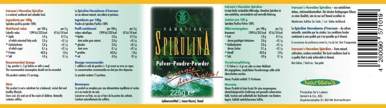 Ivarsson's Original Hawaiian Spirulina I 3x225g Pulver I Algen Pulver aus reinem und natürlichem Spirulina
