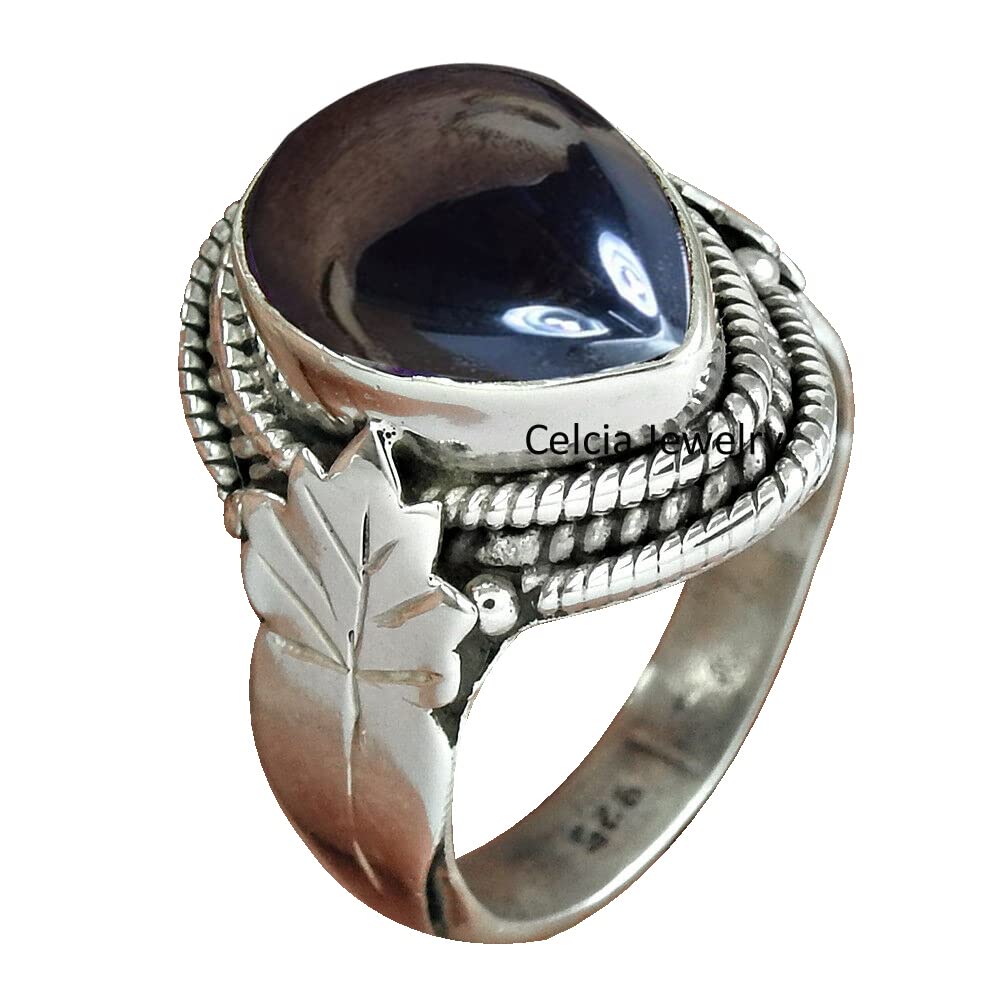 Natural Hematite Gemstone Cabochon Pear Ring, Solid 925 Sterling Silver Statement Ring, Delicate Ring, Beautiful Wedding Gifts Ring for Women