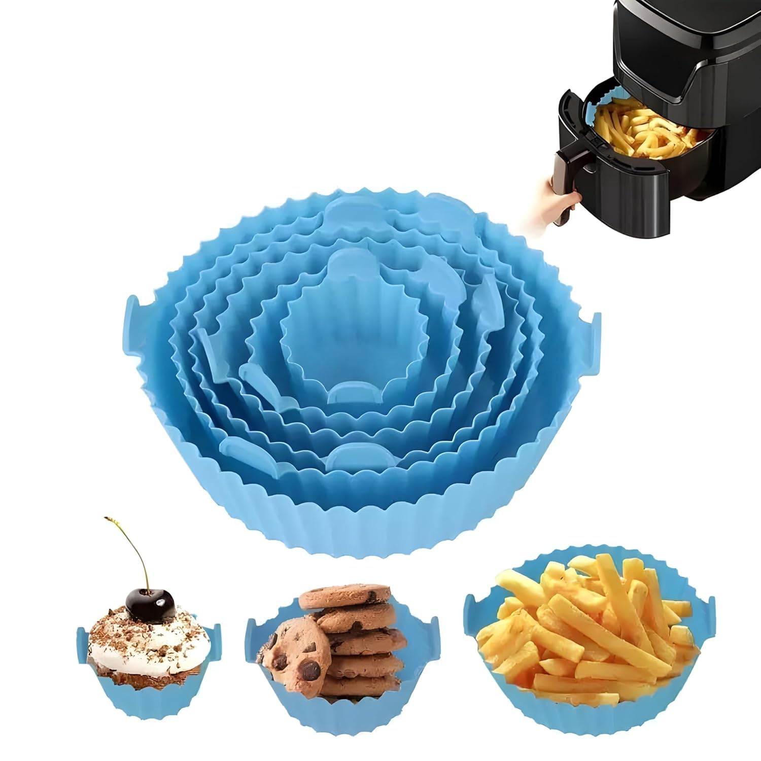 6 Pcs Round Reusable Air Fryer Accessories Set | Non-Stick Silicone Coated Pot Basket Liners | Heat Resistant & Oil Proof | Easy to Clean | Fits Most Air Fryers | Multicolor-image-48