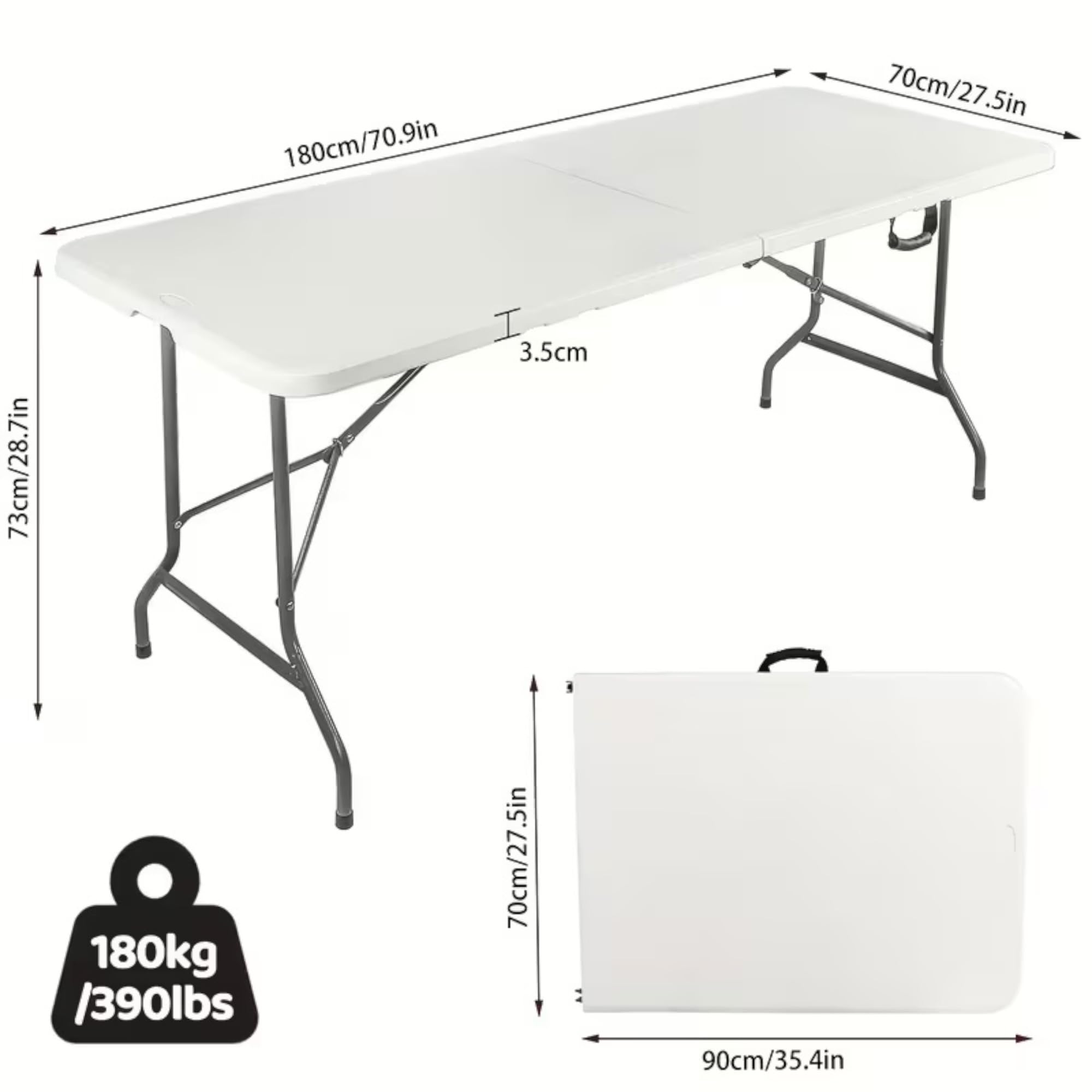 Mi Ko Mi Ka Mesa Plegable Solid 180cm o 122cm, portátil, Normativa Uso público Interior/Exterior (EN 581-1/3) Tablero Resina HDPE 3,5cm, Capacidad 4/6/8 Personas y Carga 150 kg. Multiuso