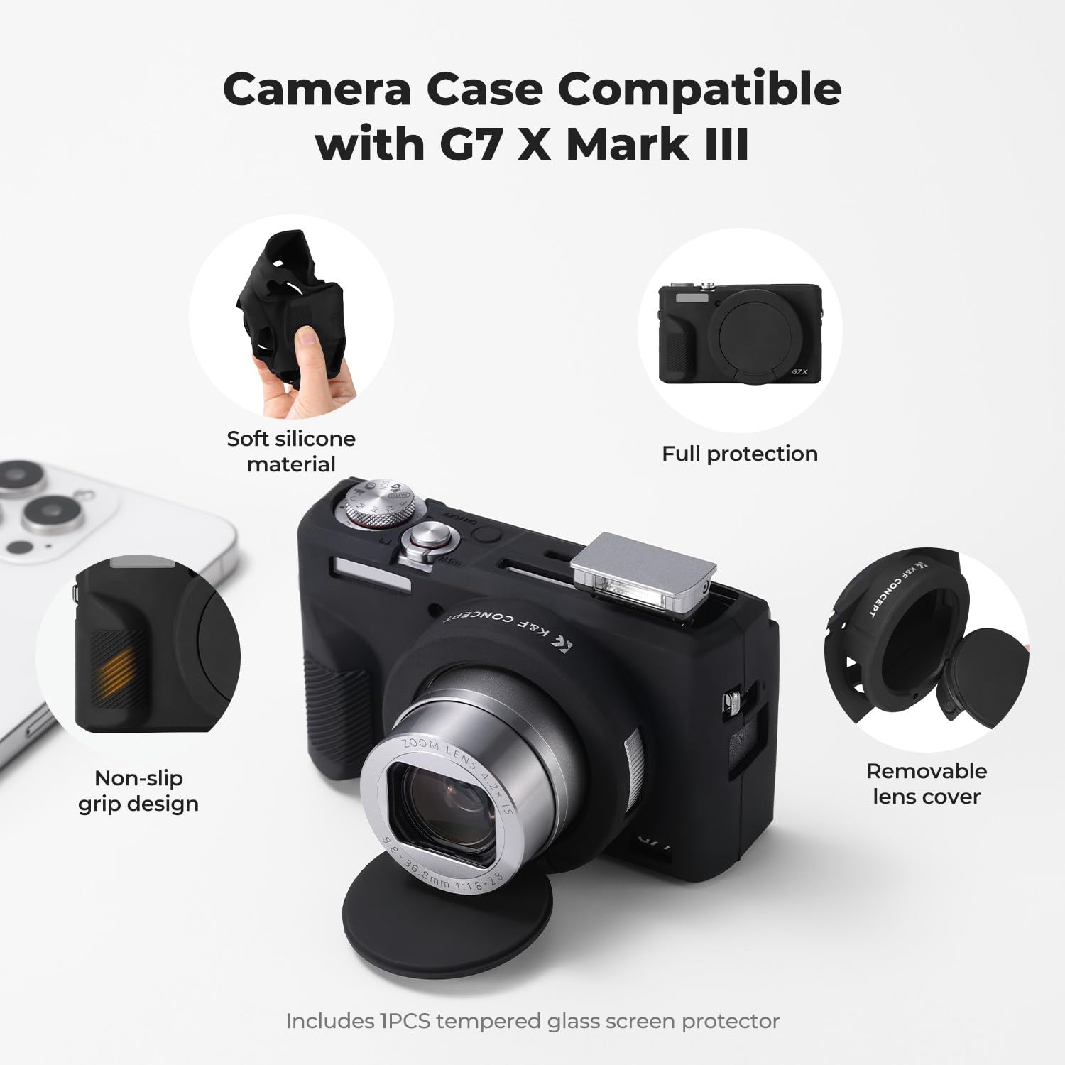 Etui ochronne K&F CONCEPT do aparatu Canon G7X Mark III, czarne, miękkie silikonowe etui do aparatu cyfrowego G7X Mark III z odłączaną osłoną obiektywu, odporne na zarysowania, dopasowane, czarne