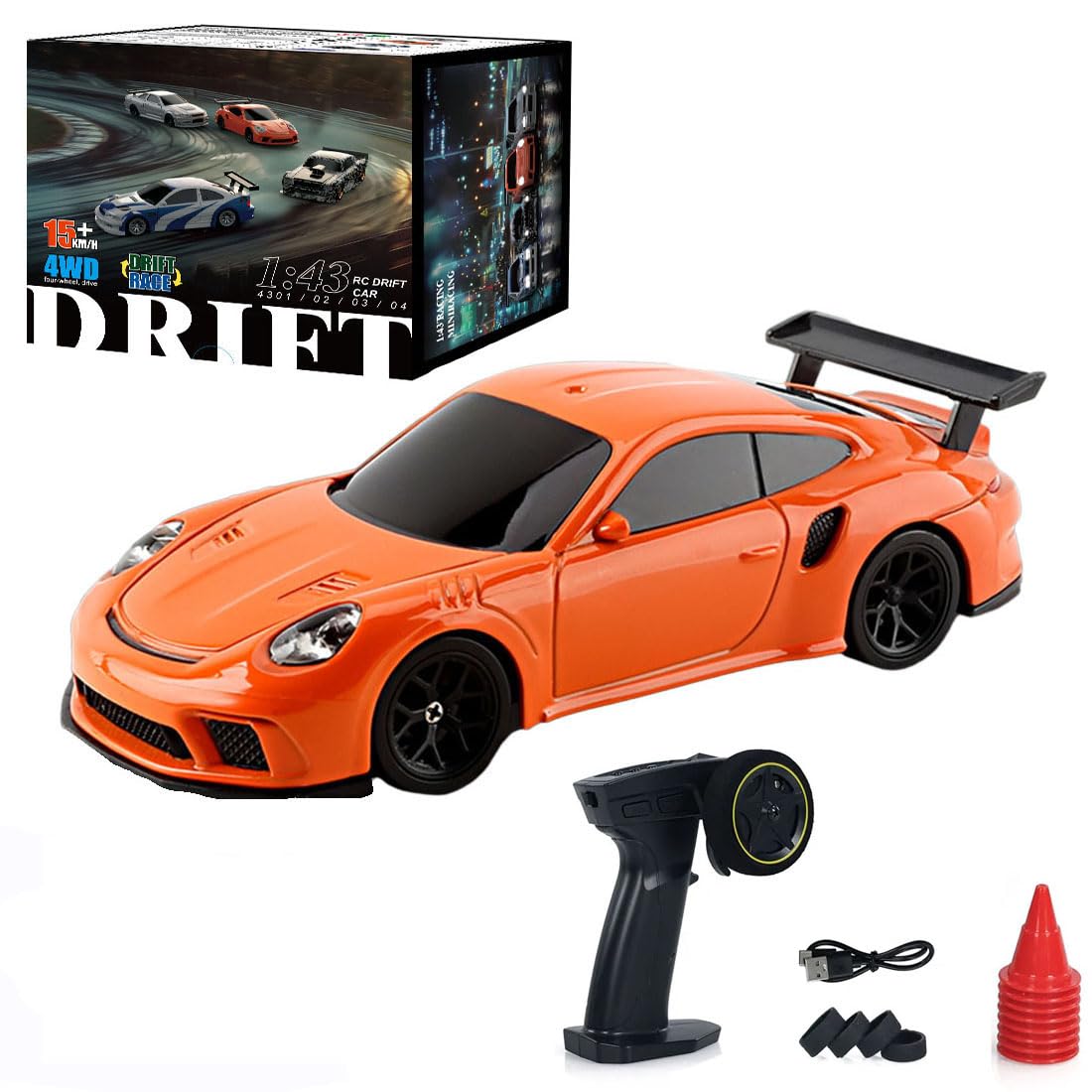 RC Drift Car, 1:43 Remote Control High Speed Race Car for Adults, 2.4GHz 4WD Racing Hobby Toy With LED Lights and Drift Tires (Orange)