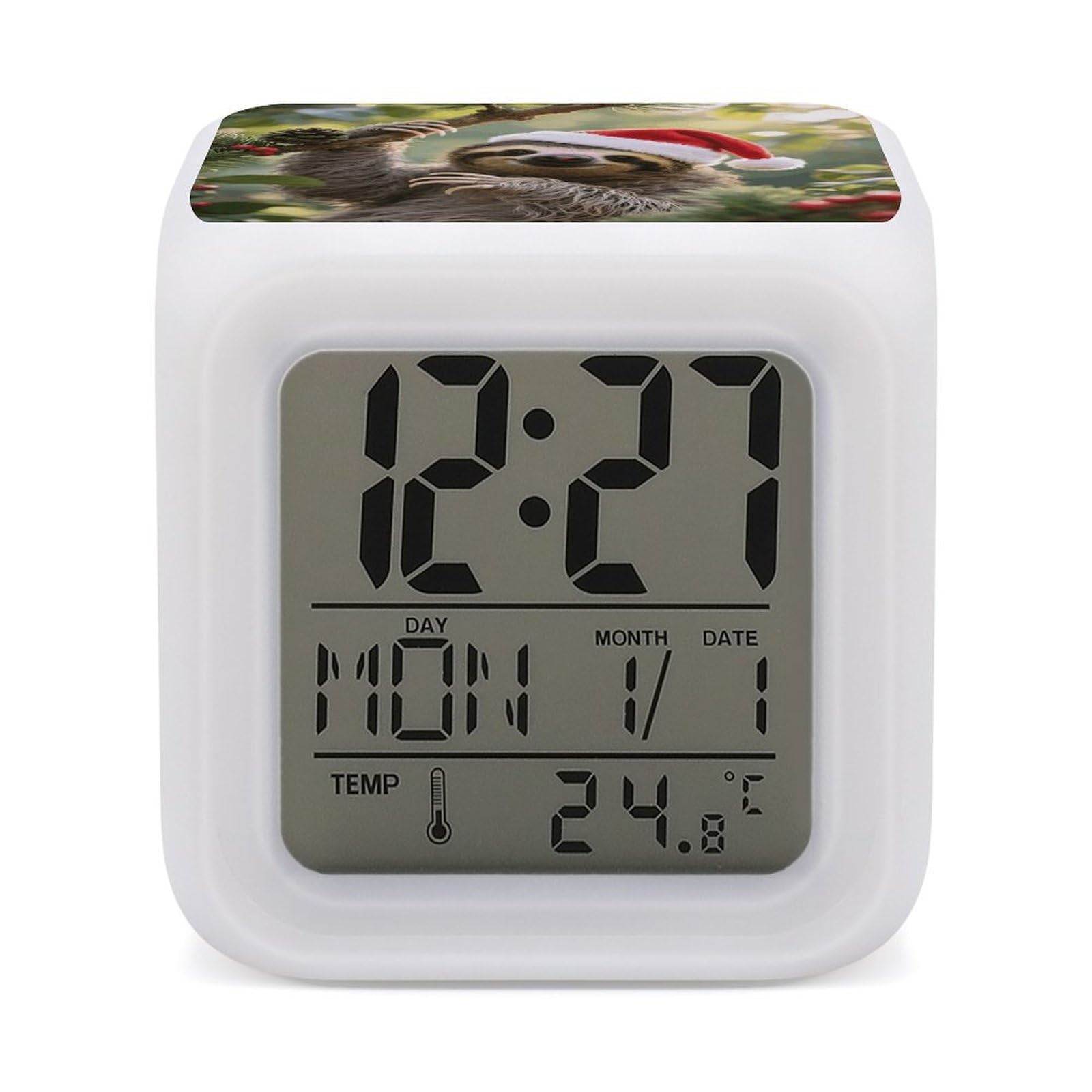 7 Color Ambient Night Light Cube Battery Operated Cute Christmas Sloth Digital Clock with Snooze Temperature LED Digital Alarm Clocks Dimmable Wake Up Light Portable Mood Lamp for Bedroom Desk Gift
