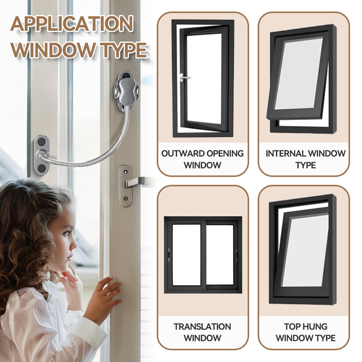Bwintech Lot de 5 entrebâilleurs de fenêtre chromés sans clé, câble de sécurité en UPVC, limite les espaces ouverts pour garder les enfants en sécurité et éviter les blessures et le vol