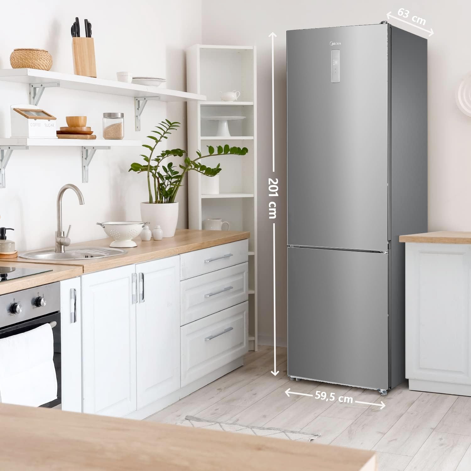 Midea Frigorífico Combi No Frost | 59,5 cm ancho x 201 alto cm | Inox | Nevera libre instalación 247 L + 83 L Congelador - Refrigerador de bajo consumo con congelador vertical