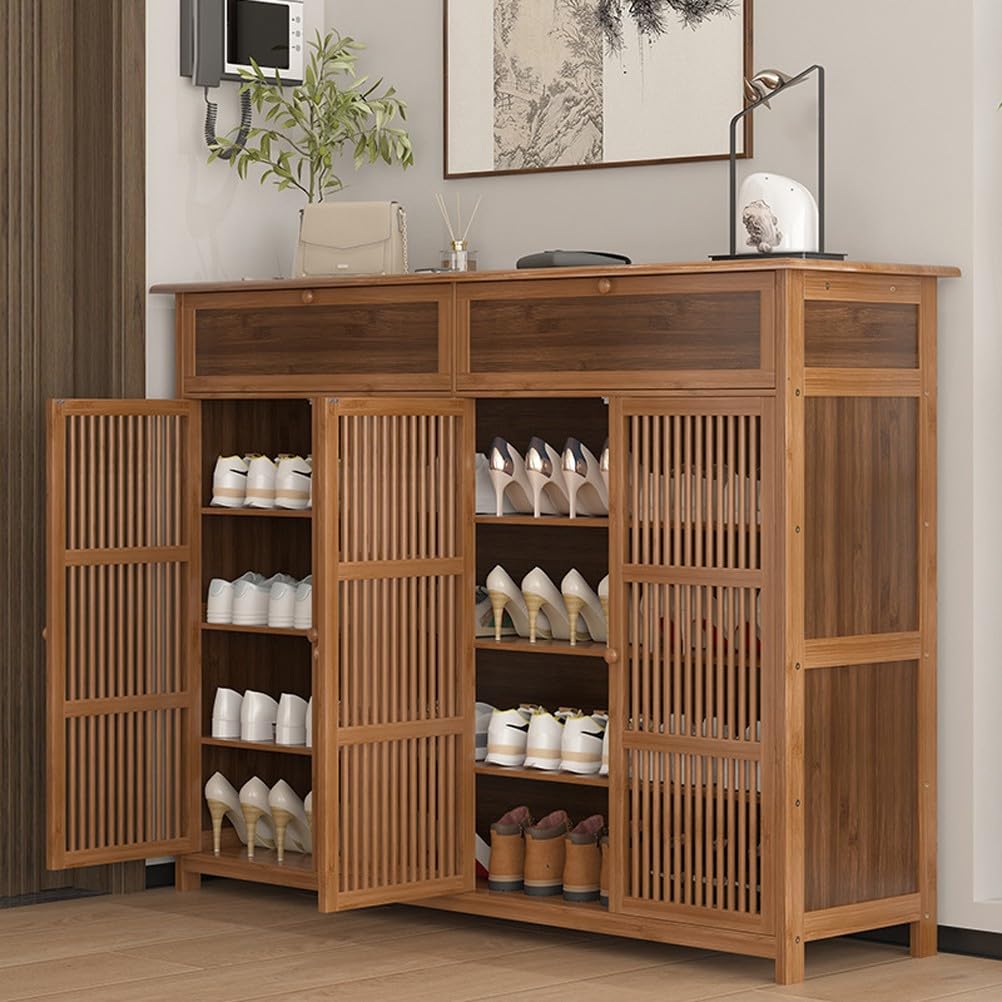 Armario Zapatero Bambu, Armario Entrada Recibidor de 5 Niveles, Cajón Doble con Puertas Mueble Zapateros, 130 x 35 x 99 cm Zapatero Rustico, Marrón