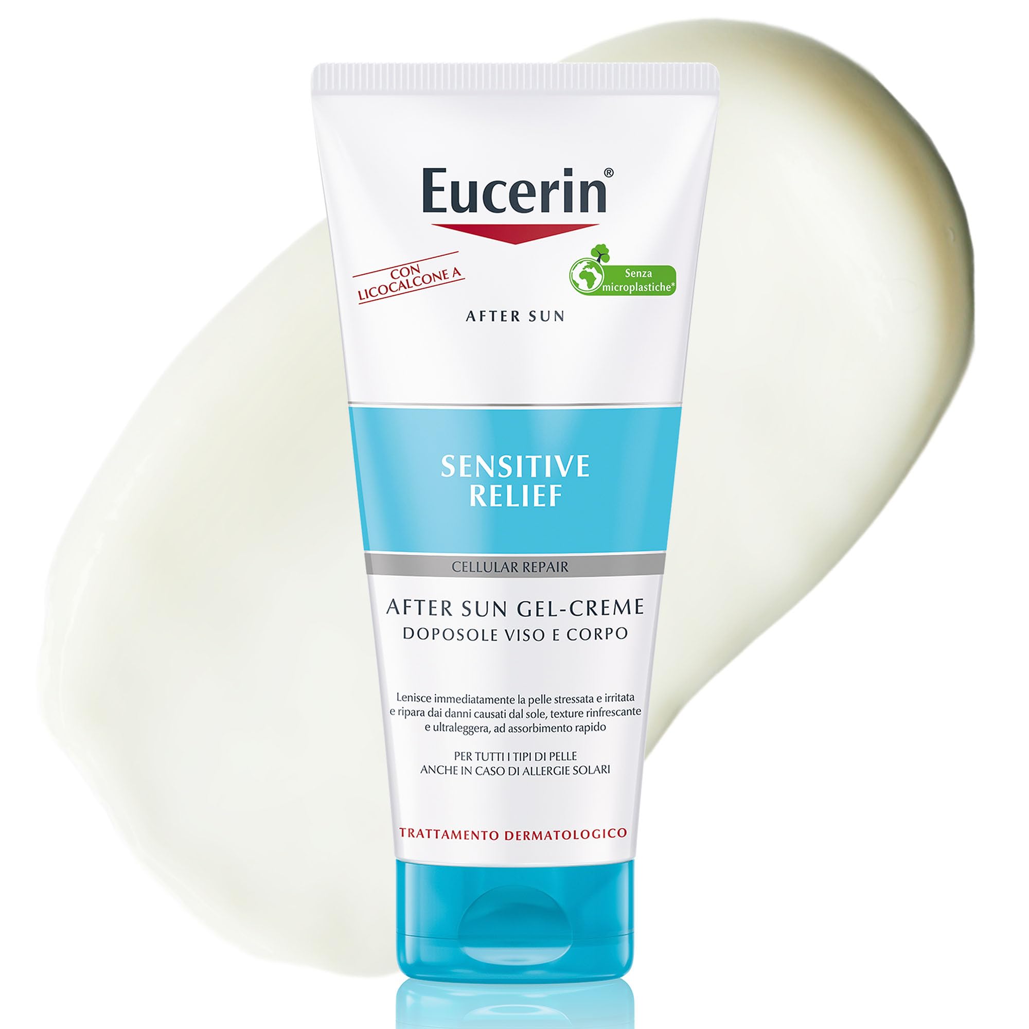 Eucerin After Sun Sensitive Relief Crema-Gel 200 ml, Doposole corpo e viso lenitivo e rigenerante, Crema doposole dalla texture leggera, Dopo sole per pelle sensibile e soggetta ad allergie solari