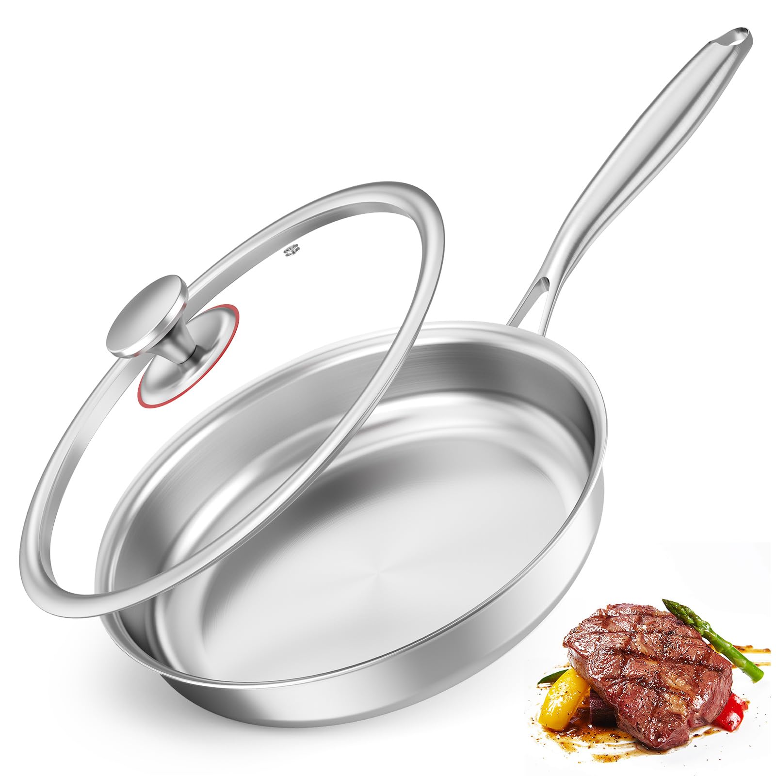 BugyKido Stainless Steel Frying Pan with Lid, 24cm Saute Pan, Premium 3-Ply Stainless Steel, Coating-Free and PFOA-Free, Suitable for All Stovetops, Dishwasher and Oven
