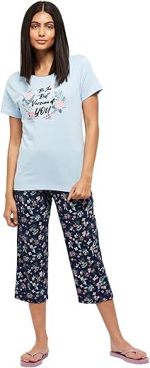 Max Women's Printed Round Neck Half Sleeve Cotton Pyjama Set
