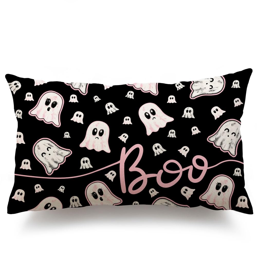 DFXSZ Halloween Pillow Covers 12x20 inch White Pink Ghost Decor Black Halloween Lumbar Pillow Covers Decorative for Halloween Home Decor for Sofa 030