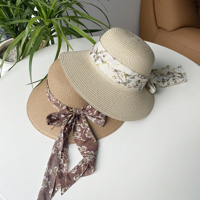 Sombrero de Paja Trenzado de Verano para Mujer,Transpirable,con Protección UV y Lazo Floral,Sombrero de Playa Ligera para Vacaciones,Viajes y Actividades Al Aire Libre