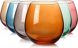 Colored Stemless Wine Glasses Set of 6-15 oz Hand-Blown Crystal Colored ...
