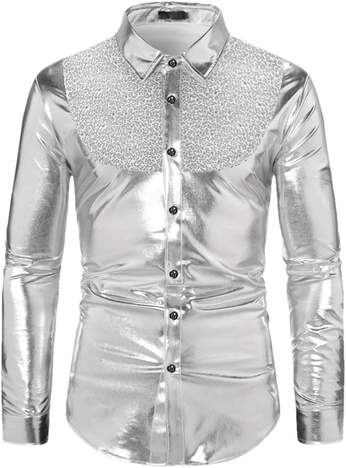 Men's Lapel Sequined Patchwork Long Sleeve Solid Shirt Vintage Casual Party Dance Shirts