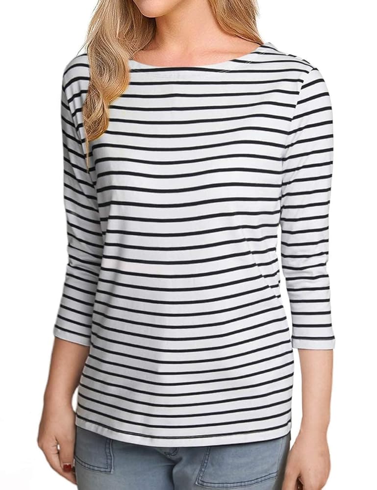 Remidoo Women Striped 3/4 Sleeve T Shirt Boat Neck Slim Fit