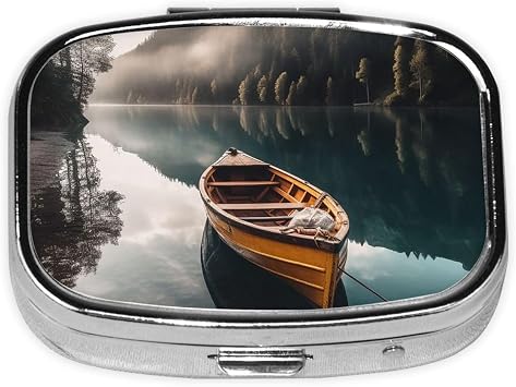 Pill Box with Mirror 2 Compartment Lakeside Boat Small Pill Case for Purse Or Pocket Mini Metal Pill Holder Travel Weekly Medicine Tablet Vitamin Holder Organizer Travel Gifts