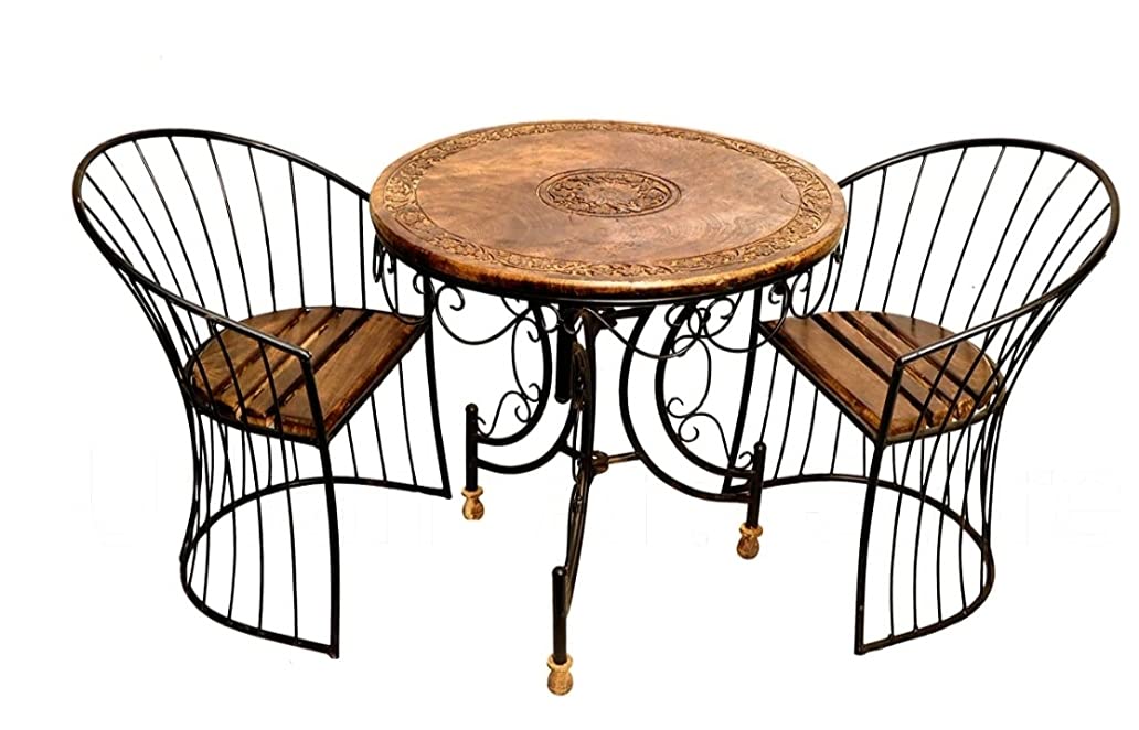Wooden & Wrought Iron Patio Set for Garden, Outdoor/Indoor, Balcony & Terrace - Set of 2 With Table