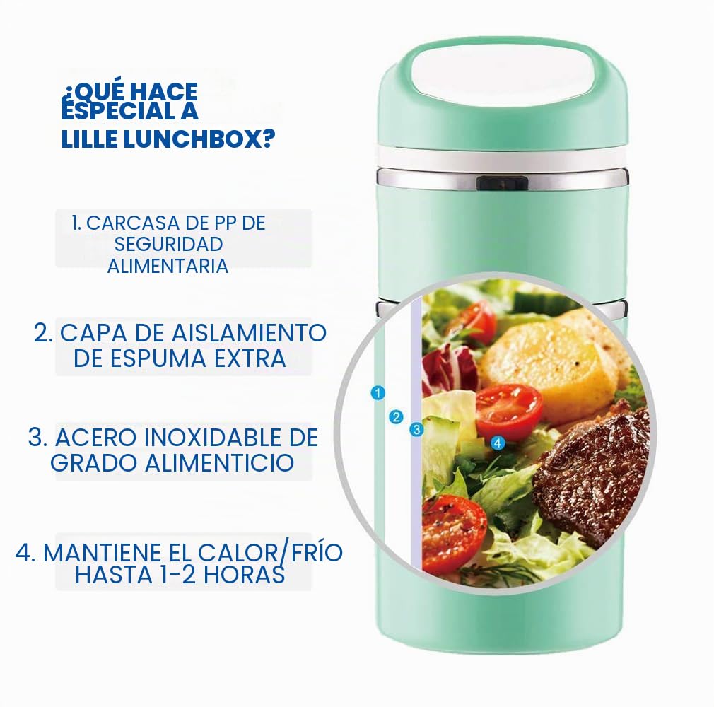 Lille Home Fiambrera de Acero Inoxidable Apilable, 3 Niveles, 1380ml | Contenedor de comida aislado con compartimento térmico y bolsa de almuerzo. Caja bento portátil ideal para llevar y sin BPA