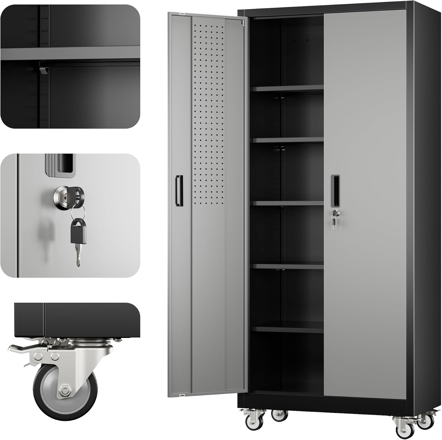 71"H32"W16"D Rolling Tool Storage Cabinet with 5 Adjustable Shelves and Pegboard,Metal Garage Storage Cabinet with Wheels for Garage Home Office Utility Room,Required Assembly, Black and Dark Grey
